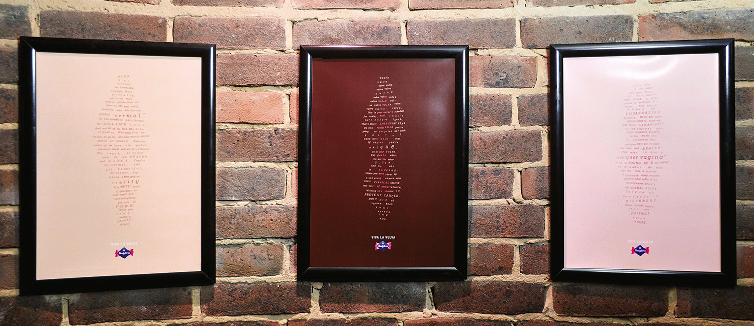 Photo of three framed posters on a brick wall - Bodyform